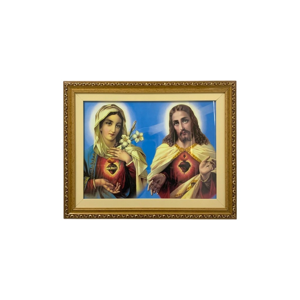 QUADROS RELIGIOSOS DE LUXO - SAGRADO CORAÇÃO DE MARIA E JESUS - AZUL - 50CMx40CM COM VIDRO.