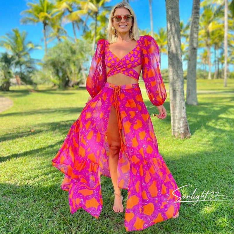 Maiô feminino biquíni Roupa de Banho de Manga Longa Moda Fato de Banho Conjunto Saida Praia Biquíni Alta Fato de Banho