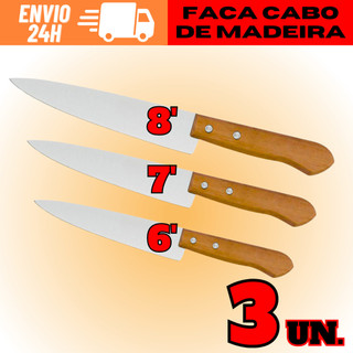 KIT 3 De Facas De Aço Inox Com Cabo De Madeira N°8 Nº7 Nº6 Envio Rápido