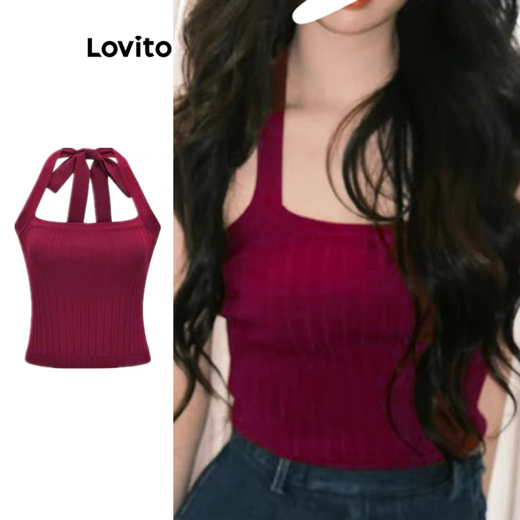 Lovito Casual Plain Tie Back Backless Rib Knit Tank Top para mulheres L109MD183 - Women Clothes