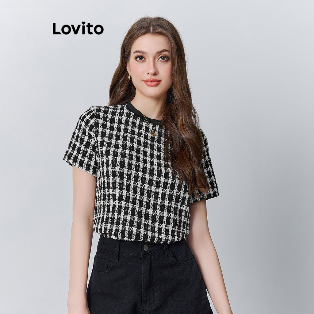 Detalhes do Lovito Camiseta Elegante Xadrez Geométrica Para Mulheres L87ED055 (Multicolorido)