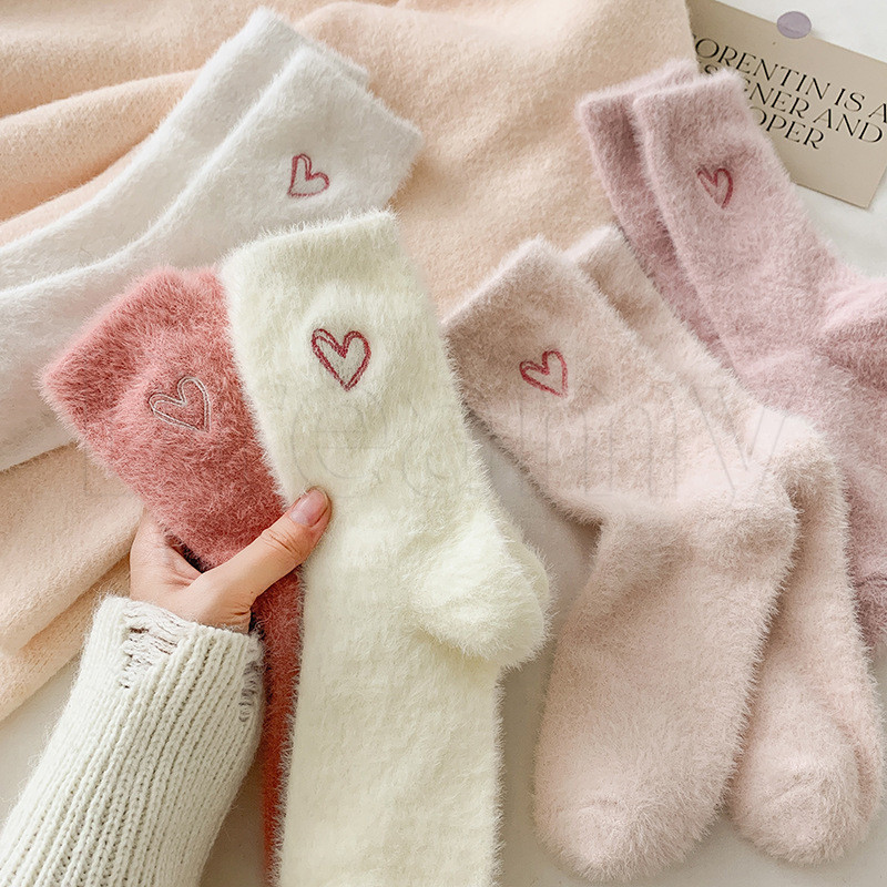 1/2 Pares De Meias Grossas De Veludo De Vison Amor – Mulheres Outono Inverno Piso Sox Tubulares Médias Peludas De Cor Só