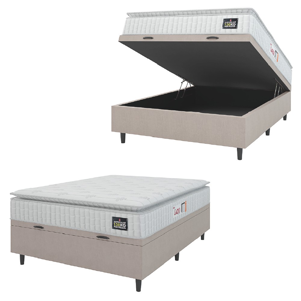 Cama Box Baú Casal Colchão Espuma D45 Lazio Pillow Top 138x188x65cm Suede Branco/Bege Hellen em Oferta na Shopee