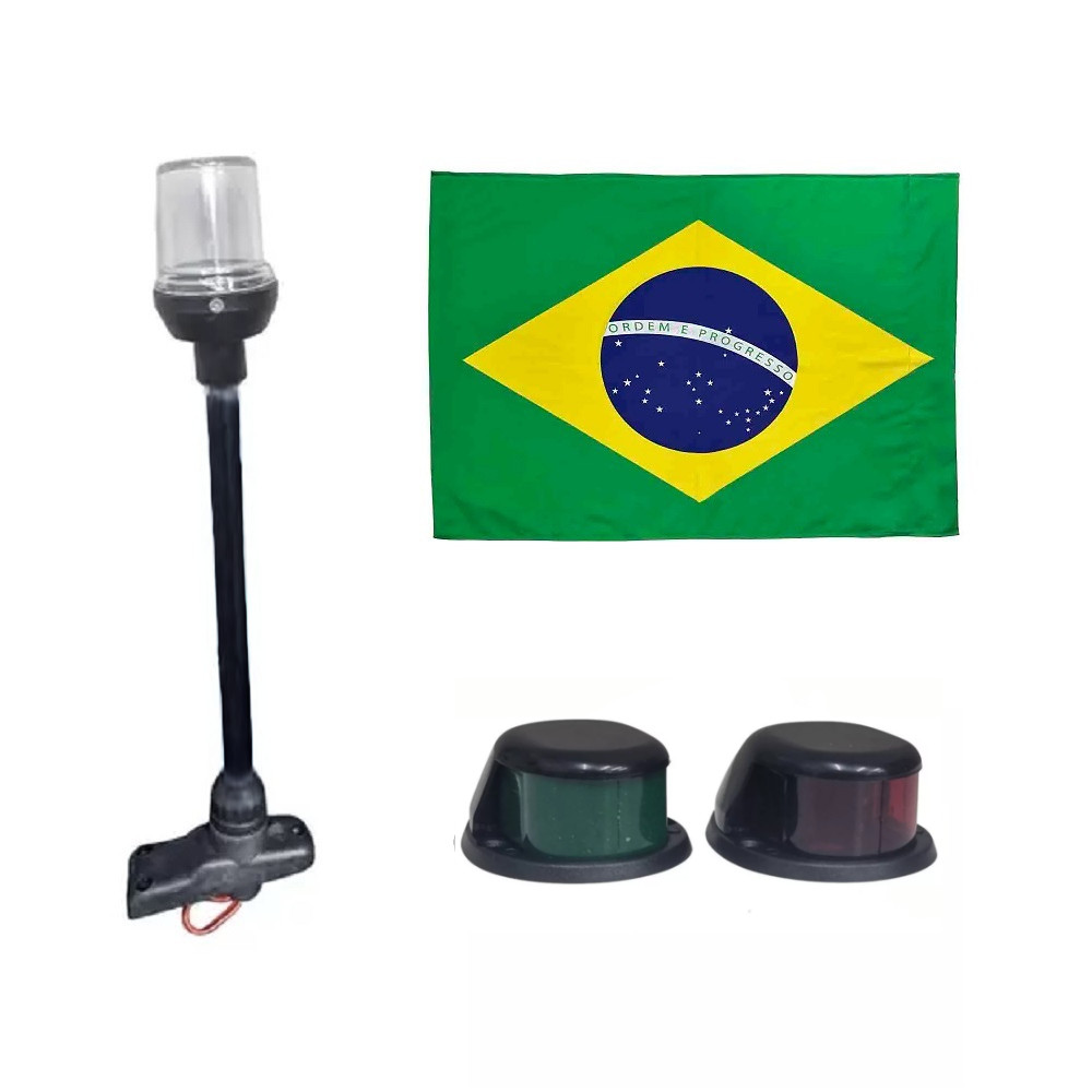 Kit Luz Bombordo e Boreste Preto Led + Mastro Alcançado Fundeio Led Preto + Bandeira do Brasil - Barco Lancha