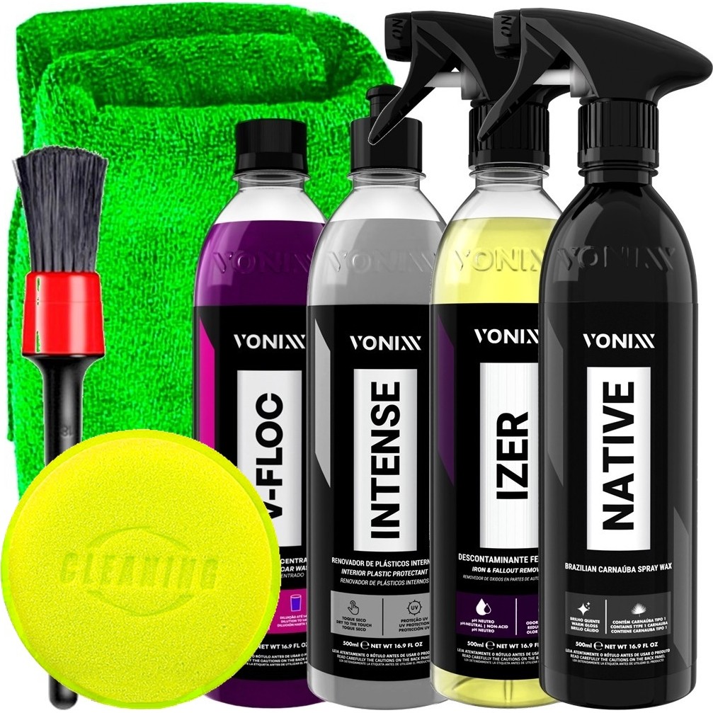 Kit Cera Native Spray 500ml Tira Ferrugem Izer Intense Shampoo V-Floc Toalha Pincel Detalhamento Aplicador Karbox