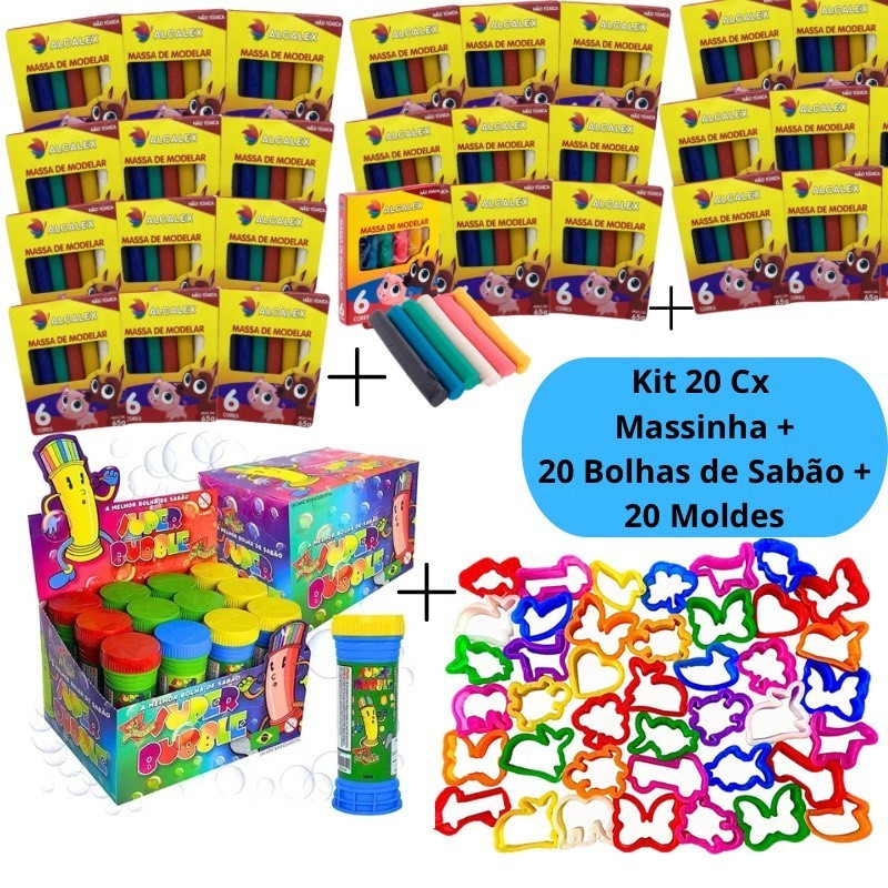 Kit 20 Cx Massinha de Modelar + 20 Bolhas de Sabão + 20 Molde Cortador Lembrancinha Kit Fe...