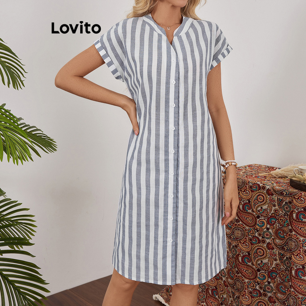 Lovito Vestido casual listrado com botões para mulheres LBL18700 - Women Clothes