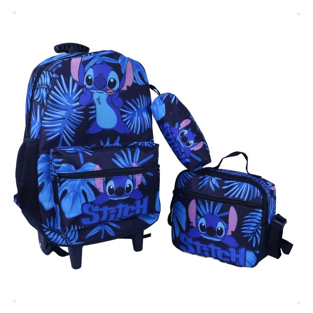 Kit Mochila de Rodinha + Lancheira + Estojo Normal Stitch volta as aulas em Oferta na Shopee