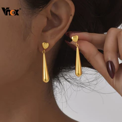 Brinco Longo De Gota De Água Em Forma De Coração Vnox Para Mulheres , Simples De Aço Inoxidável Dourado , Presente De Jo