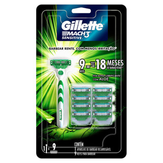 Aparelho de Barbear Gillette Mach3 Sensitive + 9 cargas em Oferta na Shopee