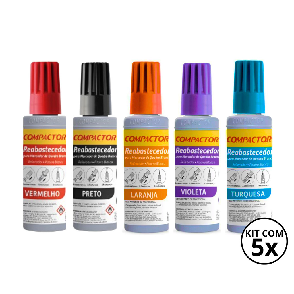 Kit 5 Reabastecedores  Refil Para Quadro Branco Compactor  30ml COR:KIT2 em Oferta na Shopee