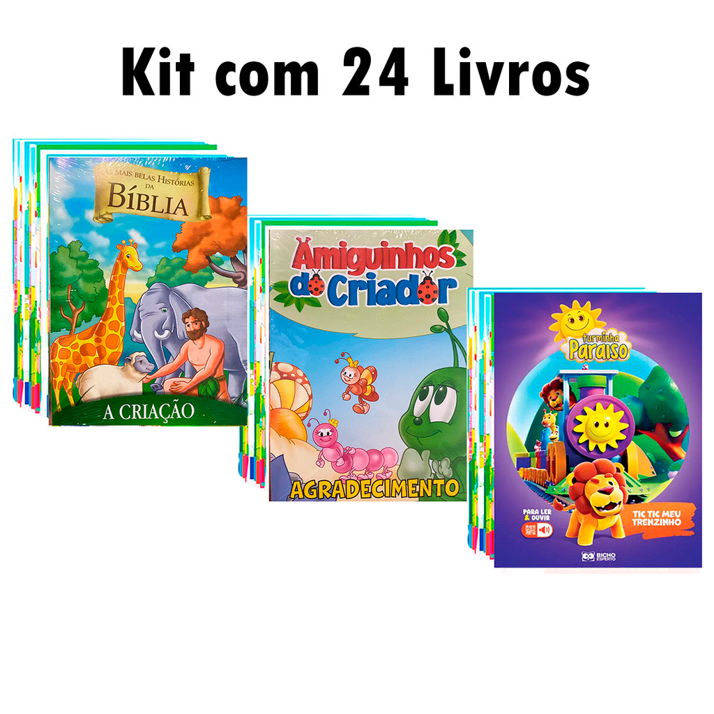 Kit C/ 24 livrinhos bíblicos -  Histórias da Bíblia + Amiguinhos do Criador + Turminha Paraíso
