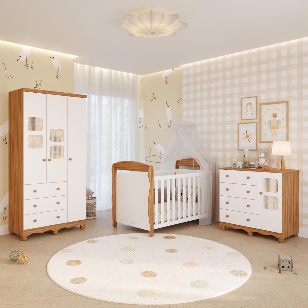 Quarto Bebê Completo Berço Americano Marquesa 3 em 1 Guarda Roupas 3 Portas Cômoda 100% MDF Telinha em Oferta na Shopee
