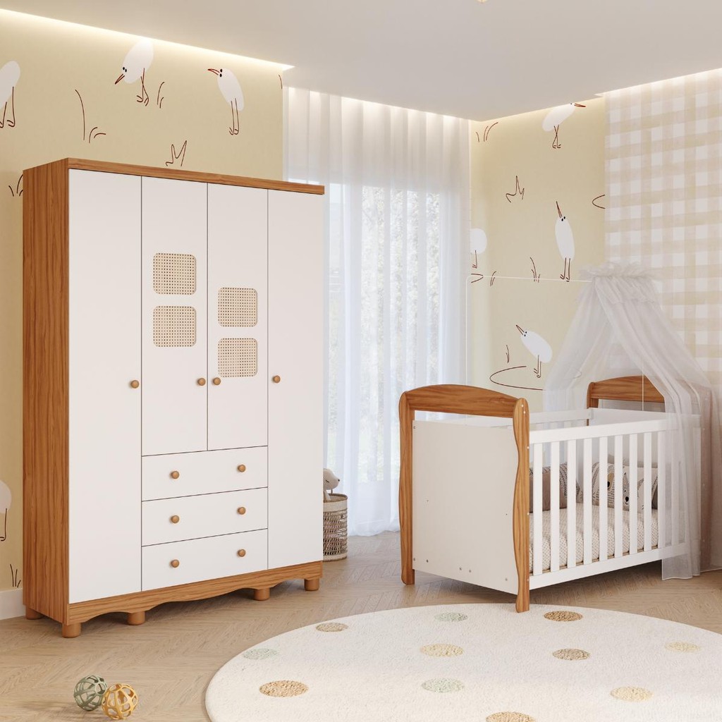 Quarto Bebê Completo Berço Americano Marquesa 3em1 Guarda Roupas 4 Portas 3 Gavetas 100% MDF Telinha em Oferta na Shopee