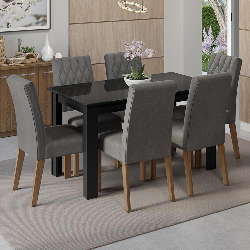 Conjunto Sala de Jantar Mesa Tampo de Vidro 6 Cadeiras Rustic/Preto/Silver Odara Madesa em Oferta na Shopee