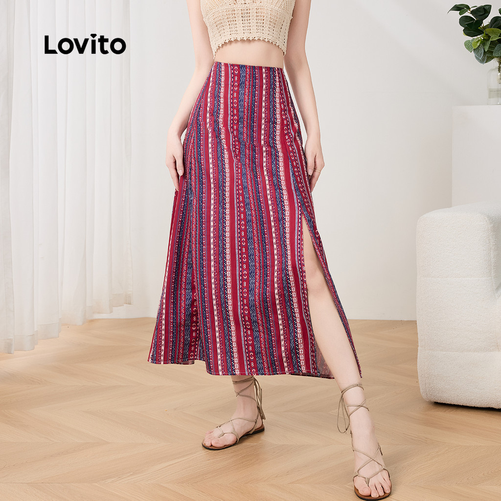 Lovito Boho Tribal Print Padrão Saias frontais divididas para mulheres L129AD539 - Women Clothes