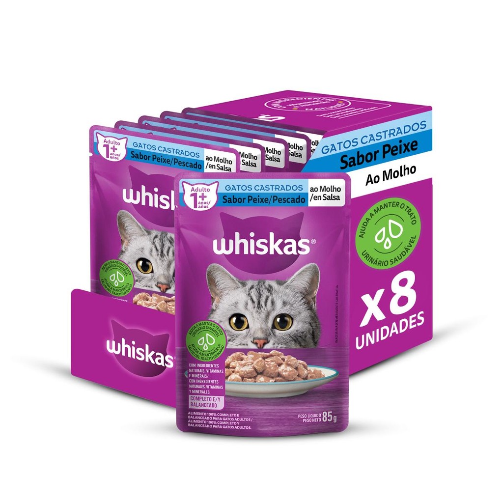 Kit 8un Ração Úmida Whiskas Peixe Gato Adulto Castrado 85G em Oferta na Shopee