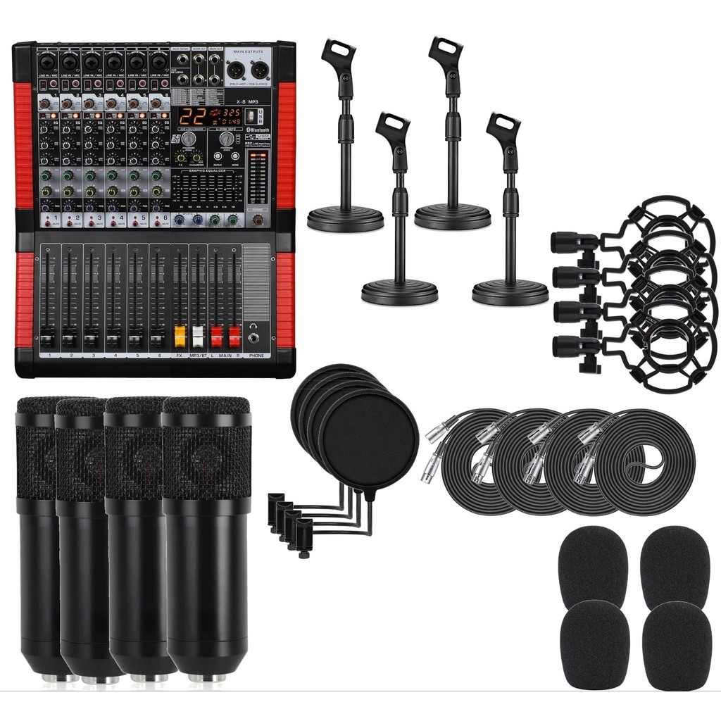Kit Podcast Mesa, Mixer 6 Canais, Pedestal Base Redonda Mesa, Microfone Condensador, Filtro Pop Filter
