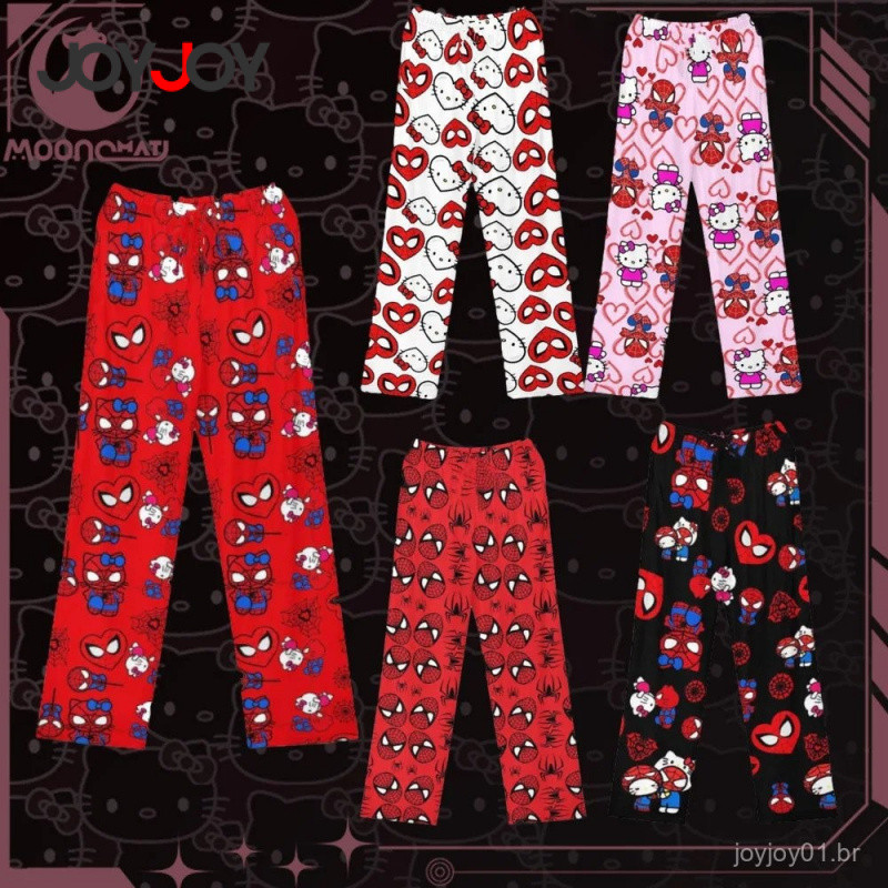 Calças de Pijama Soltas para Mulheres e Homens com Estampa de Spider-Man e Hello Kitty, Roupas de Dormir e Lounge para M