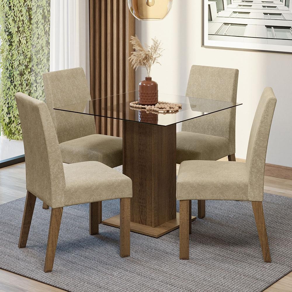 Conjunto Sala de Jantar Mesa Tampo de Vidro 4 Cadeiras Rustic Ivy Madesa - Home & Living