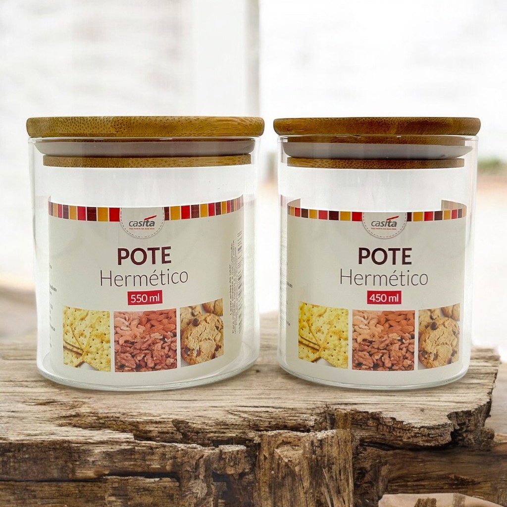 Kit Pote Hermético Vidro 300ml a 700ml Tampa Bambu CASITA Armazenamento Cozinha / Jogo Conjunto