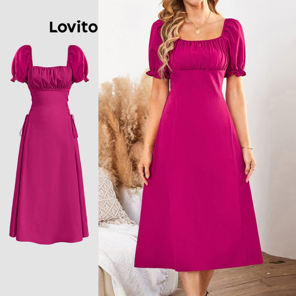 Lovito Vestido casual liso com plissado na frente e amarração para mulheres LBL21041 - Women Clothes