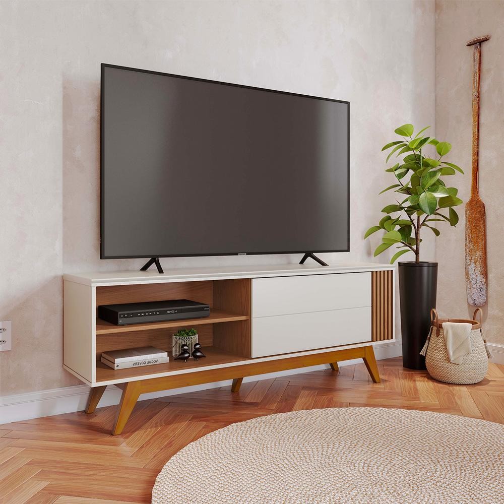 Rack Bancada Pés Madeira Nuro 160cm Porta Deslizante MDF/MDP TV até 60 Off White/Freijó G73 - Gran Belo em Oferta na Shopee