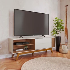 Rack Bancada Pés Madeira Nuro 160cm Porta Deslizante MDF/MDP TV até 60 Off White/Freijó G73 - Gran Belo