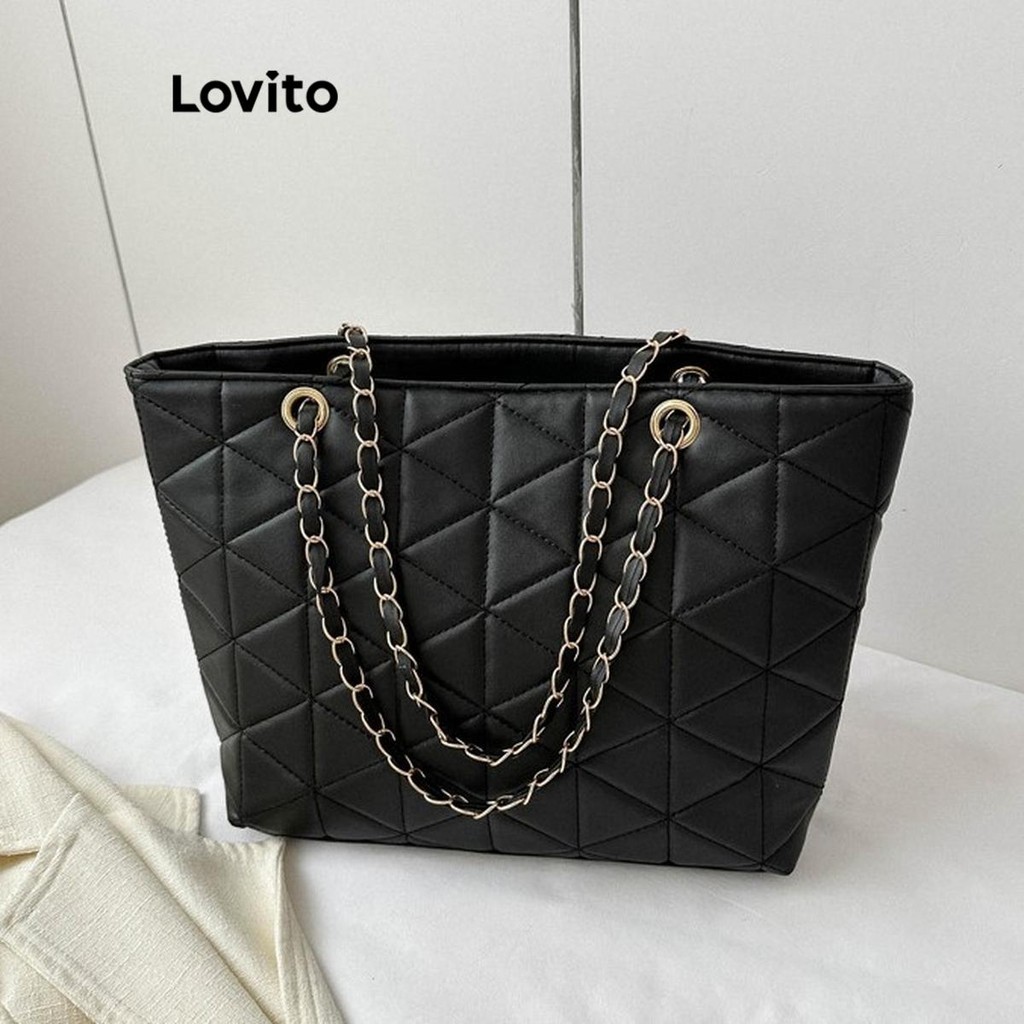 Lovito Casual Argyle Chain Acolchoado Zíper Sacola de Ombro de Grande Capacidade Bolsa para Mulheres LFA74026 - Women Bags