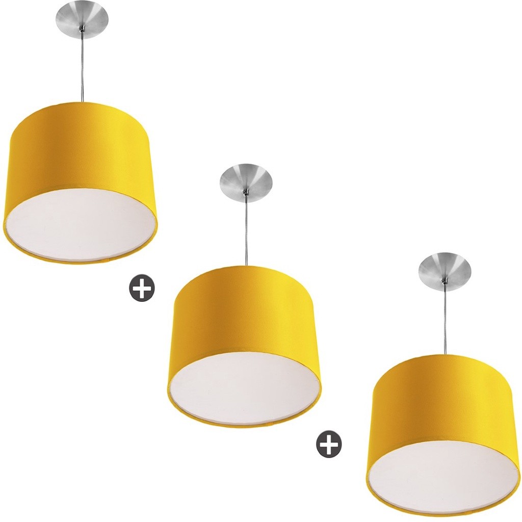 Kit 3 Lustres Cupula Pendente Dome 30x20cm Amarelo