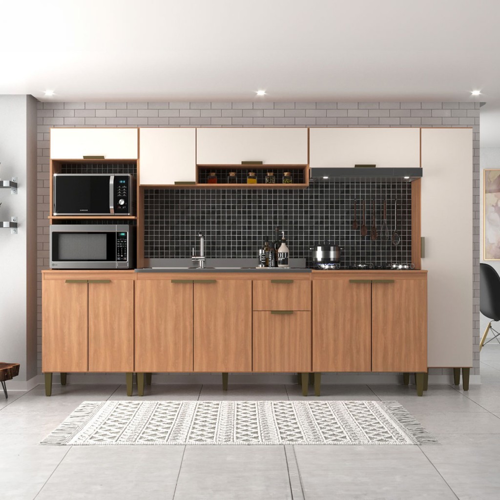 Cozinha Completa Alana 12 Portas 1 Gaveta Freijó/Off White - Jcarvalho em Oferta na Shopee