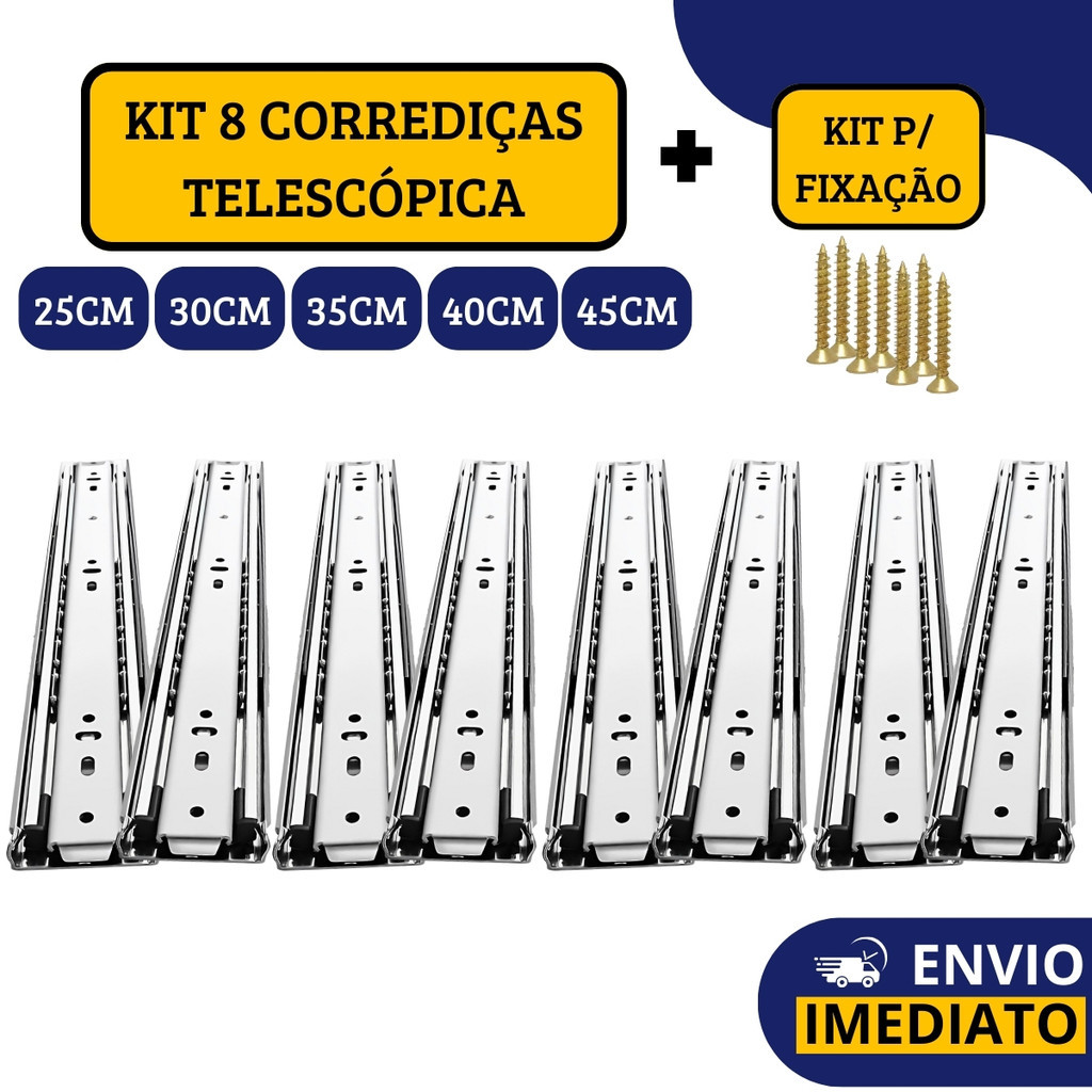 Kit 8 Corrediças Gaveta Trilho Telescópica Light COM Parafusos PARES | 25cm - 30cm - 35cm - 40cm - 45cm Melhor Preço