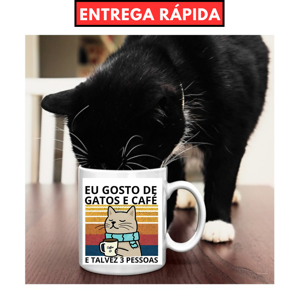 Caneca Eu Gosto de Café Meus Gatos e Talvez 3 Pessoas - Xícara Gato Personalizada - Porcelana 325ML