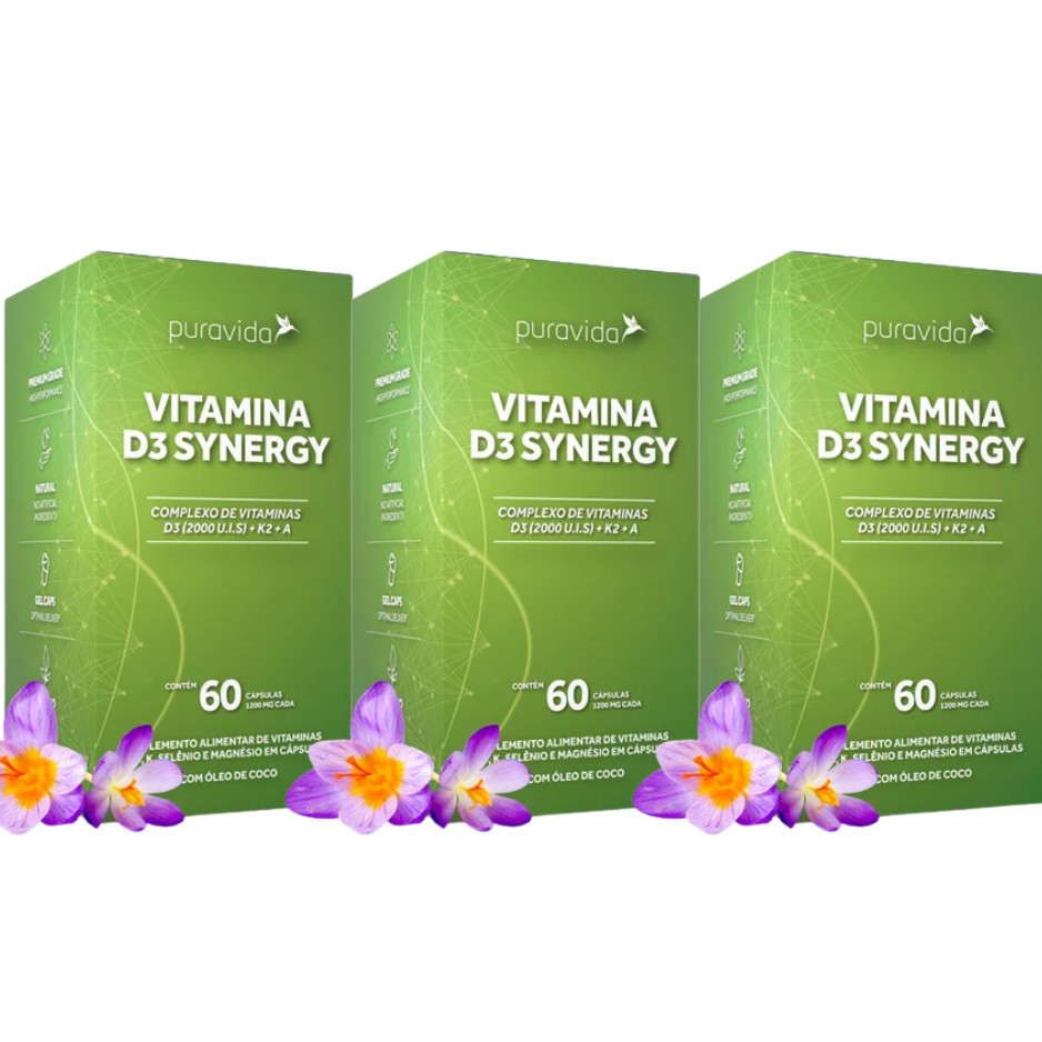 VITAMINA D3 SYNERGY PURA VIDA 60CAPS KIT COM 3 UNID