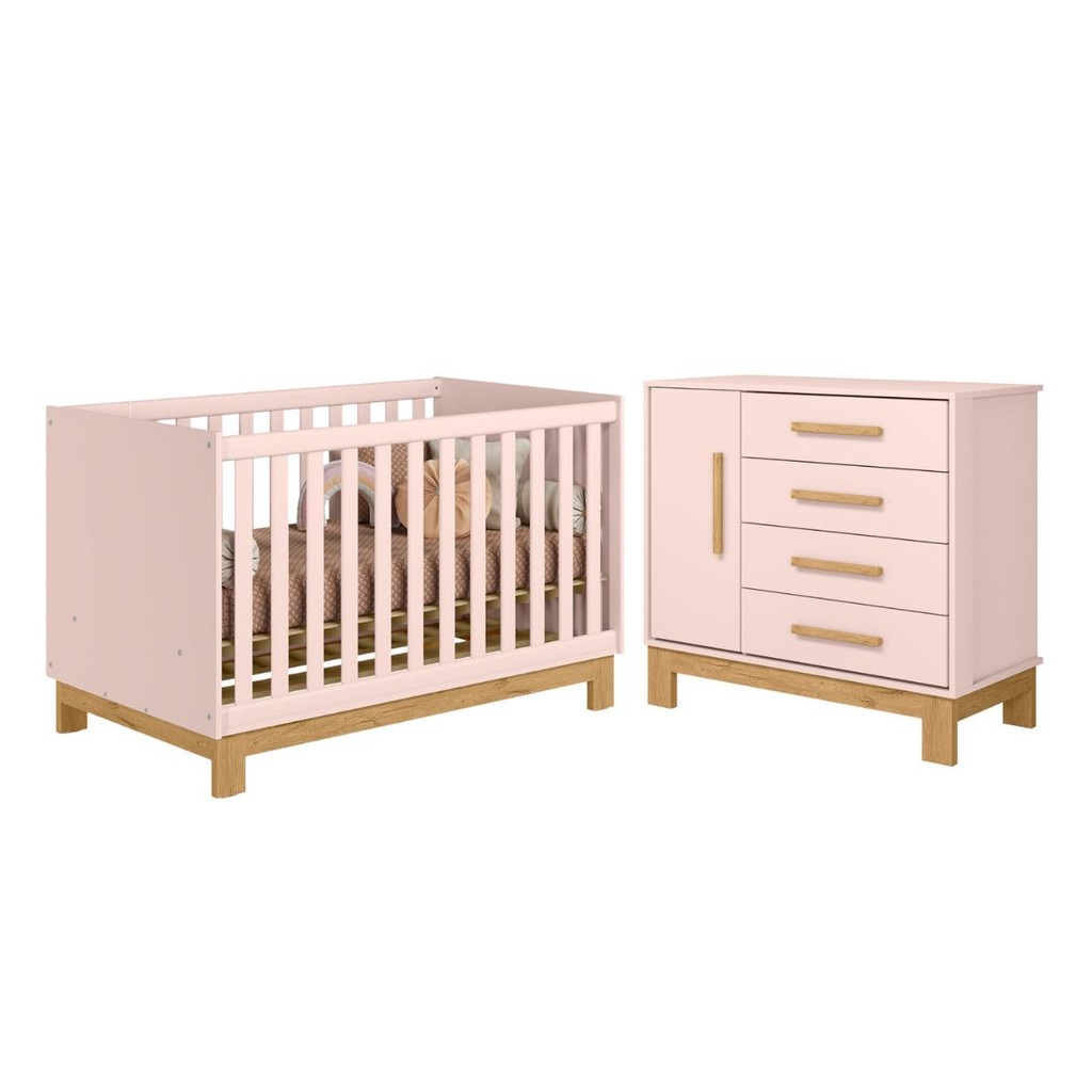 Berço e Cômoda com 4 Gavetas Nauru Rosa Acetinado