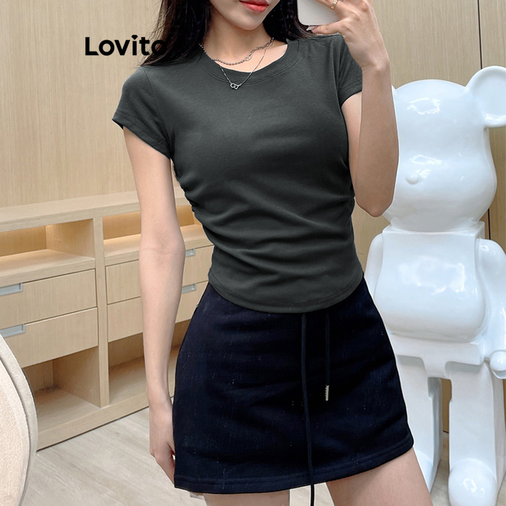 Detalhes do Lovito Camiseta Casual De Verão/primavera, Lisa, Franzida, Para Mulheres, Lne35228 (multicolorida)