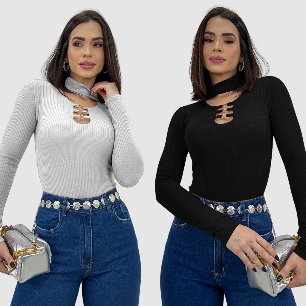 Kit 2 Body Canelado Feminino Manga Longa Com Detalhe Argola