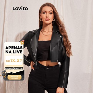 (LIVE STREAM SALE) Lovito Casual Jaqueta Feminina Moto Lisa De Couro PU Com Zíper Gola De Lapela L45LD008 (Preta) em Oferta na Shopee