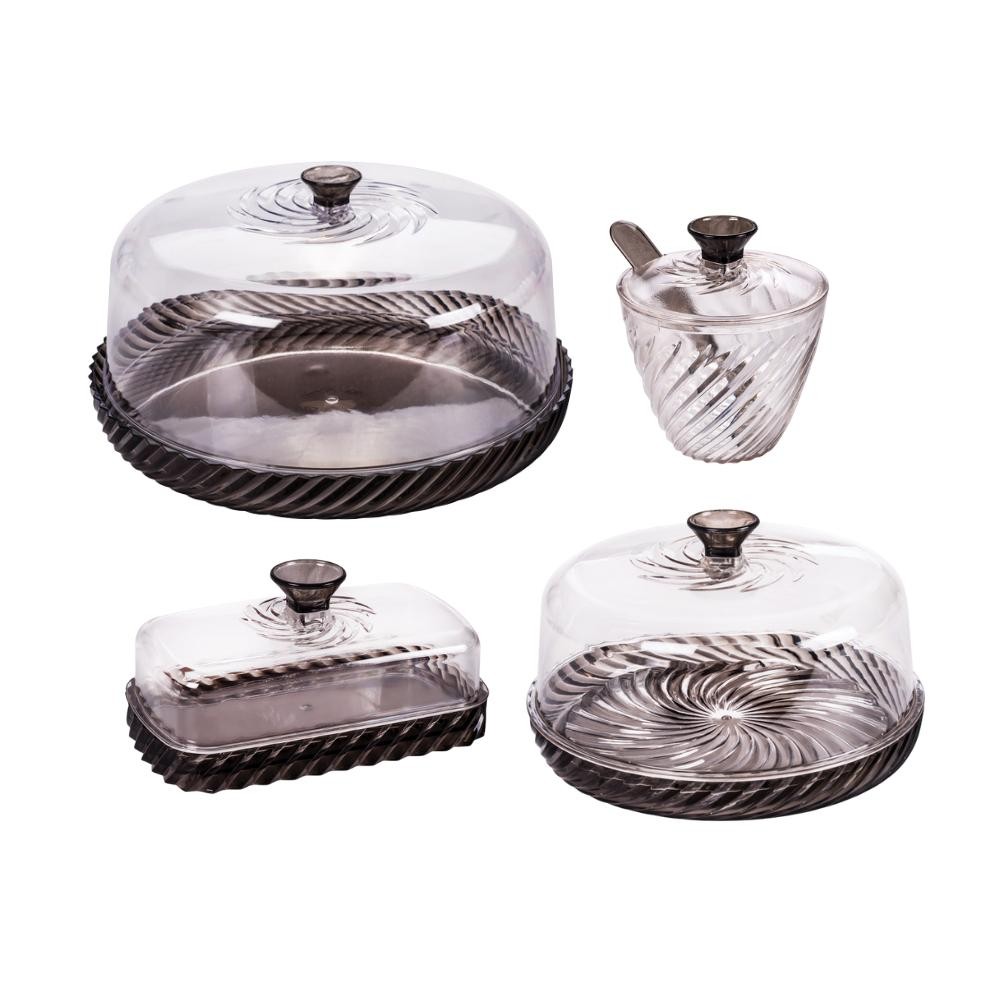 Kit Queijeira Boleira Açucareiro Manteigueira Preto e Incolor Twist Mesa Posta 4 Peças Plasútil - Home & Living