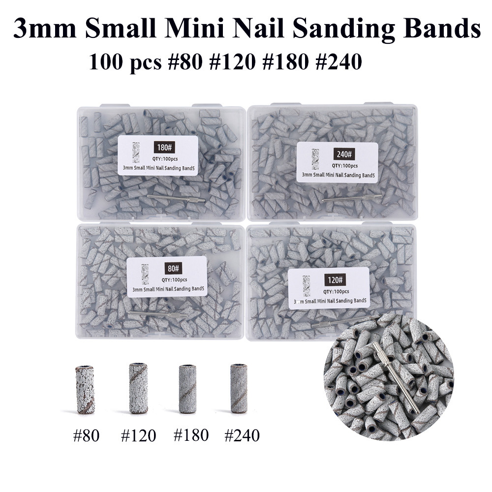100 Pçs/Caixa 3mm Pequenas Mini Bandas De Lixamento De Unhas Com 80/120/180/240 Quatro Tipos Para Broca Mandril Manicure