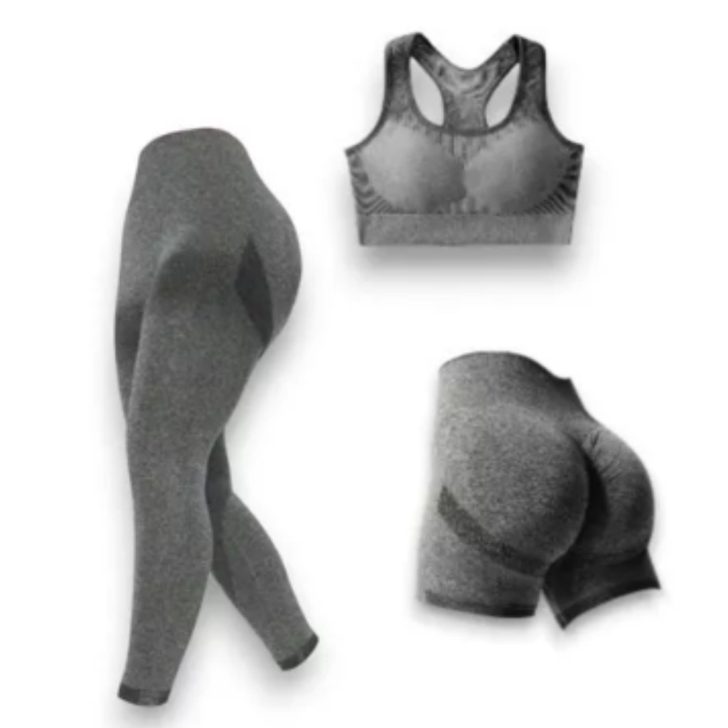 Conjunto de Academia Fitness Feminino 3 peças Leggings Top + Shorts + Calça Levanta Bumbum