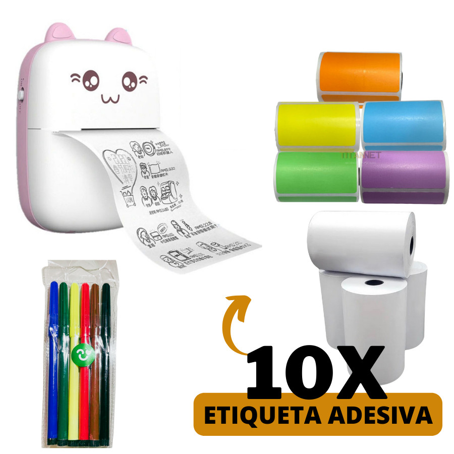 Mini Impressora Térmica Gatinho + 10 Rolos (5 Coloridos + 5 Brancos) + 1 Kit Canetinhas