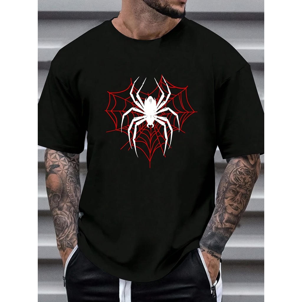Camiseta Masculina Streetwear Oversized Estampa Teia De Aranha Vermelha Aranha Preta   100%Algodão em Oferta na Shopee