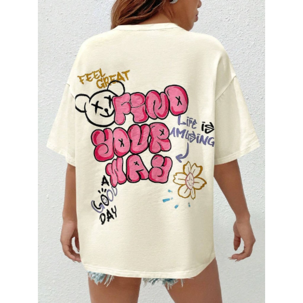 Camiseta Unissex Oversized Plus Size Feminina Masculina Streetwear frase urso  Bege Camisa Blogueira style   Lisa Camisa