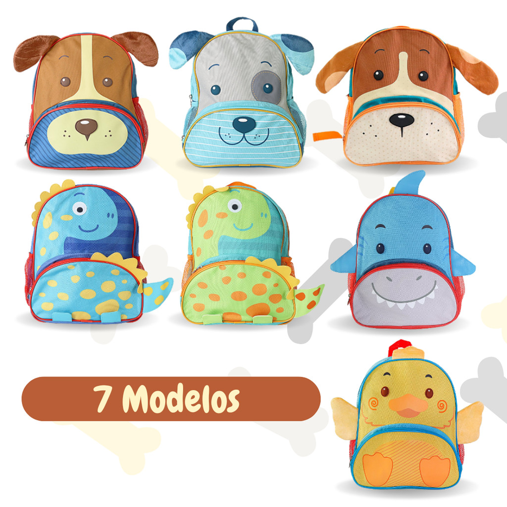 Mochila Escolar Infantil costas vários modelos cachorro dinossauro tubarão pets