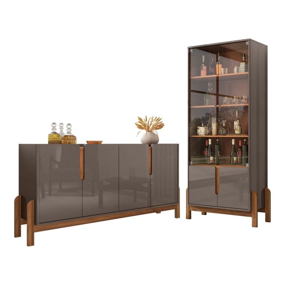 Conjunto Buffet e Cristaleira Jayce Cinza e Cedro em Oferta na Shopee