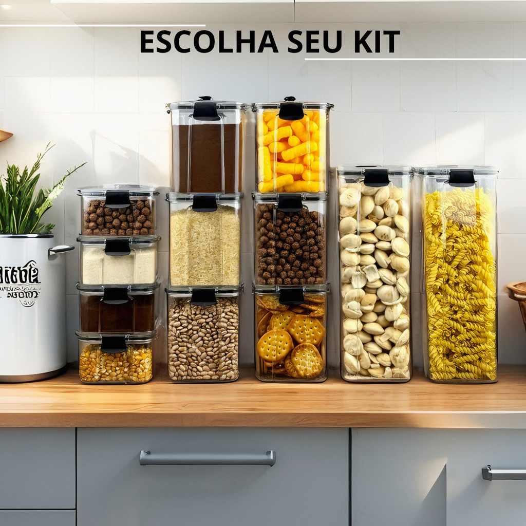 Monte seu Kit Pote Hermético para Mantimentos de Cozinha Dispensa Armário Plástico