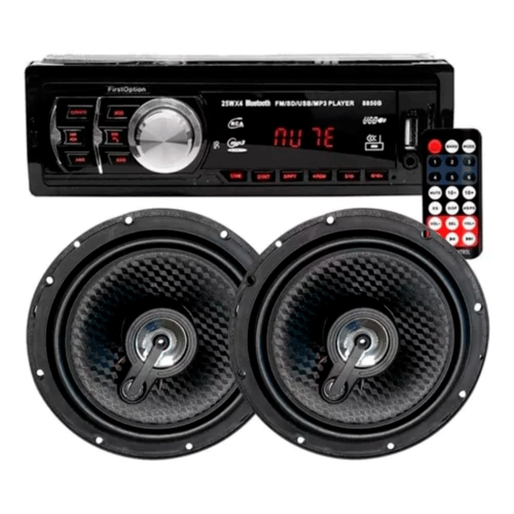 Kit MP3 PLAYER 6688 2024 2X USB FM AUX 12V + Par Alto Falantes 6 Polegadas  110 watts