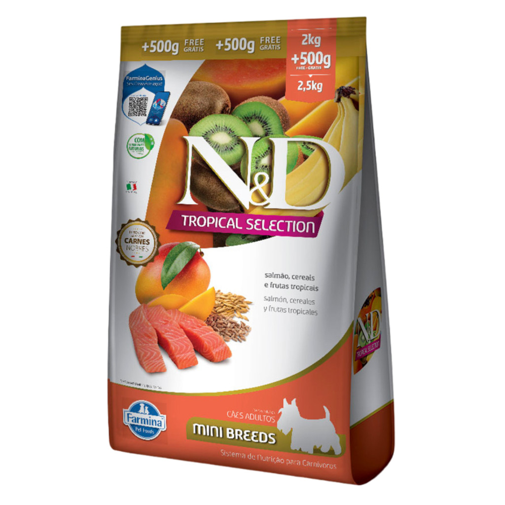 Ração N&D Tropical Selection Cães Adultos 2kg + 500g Grátis Porte Mini e Pequeno Sabor Salmão, Cereais e Frutas Tropicai em Oferta na Shopee