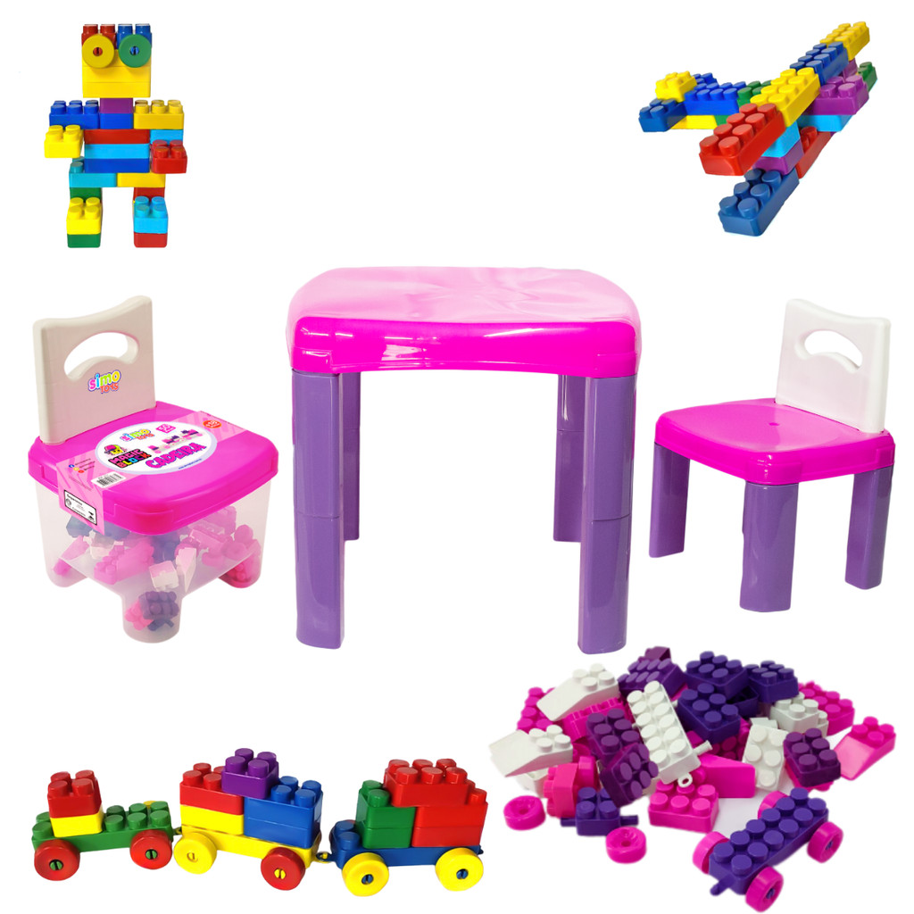 Conjunto Mesa Infantil com Cadeira + Cadeira Bau Blocos 50 Peças de Montar Menina
